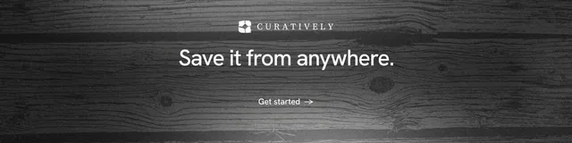LinkedIn banner for Curatively: "Save it from anywhere." Minimal luxury style, centred layout, dark palette in black, grey.