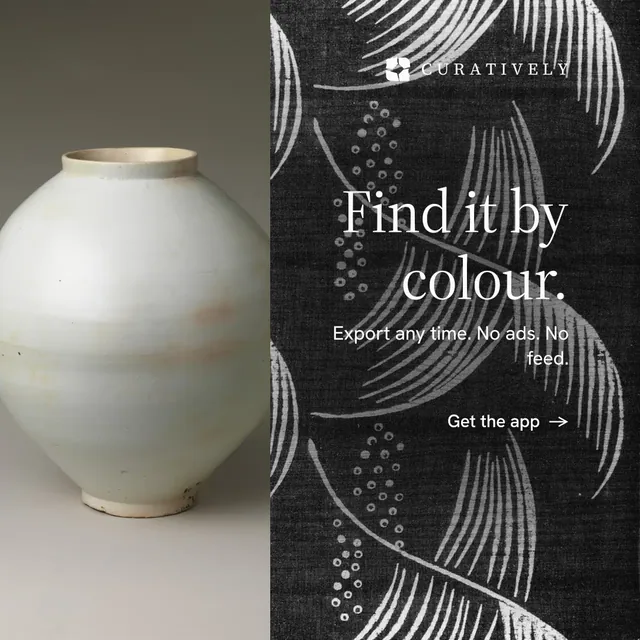 Instagram post for Curatively: "Find it by colour." Minimal luxury style, right layout, dark palette in black, grey.