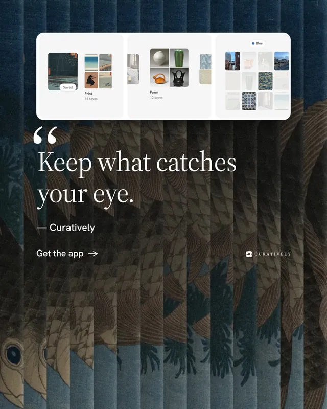 Instagram portrait post for Curatively: "Keep what catches your eye." Minimal luxury style, quote layout, dark palette in black, grey, blue.