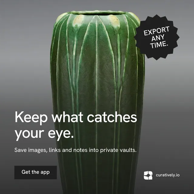 Instagram post for Curatively: "Keep what catches your eye." Swiss style, sticker layout, dark palette in grey, black.