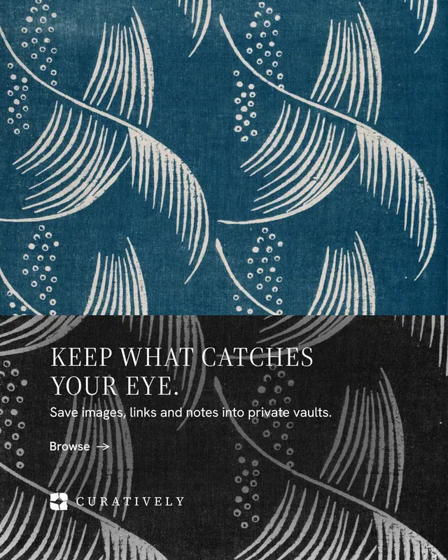 Instagram portrait post for Curatively: "Keep what catches your eye." Minimal luxury style, bottom layout, dark palette in blue, black, grey.