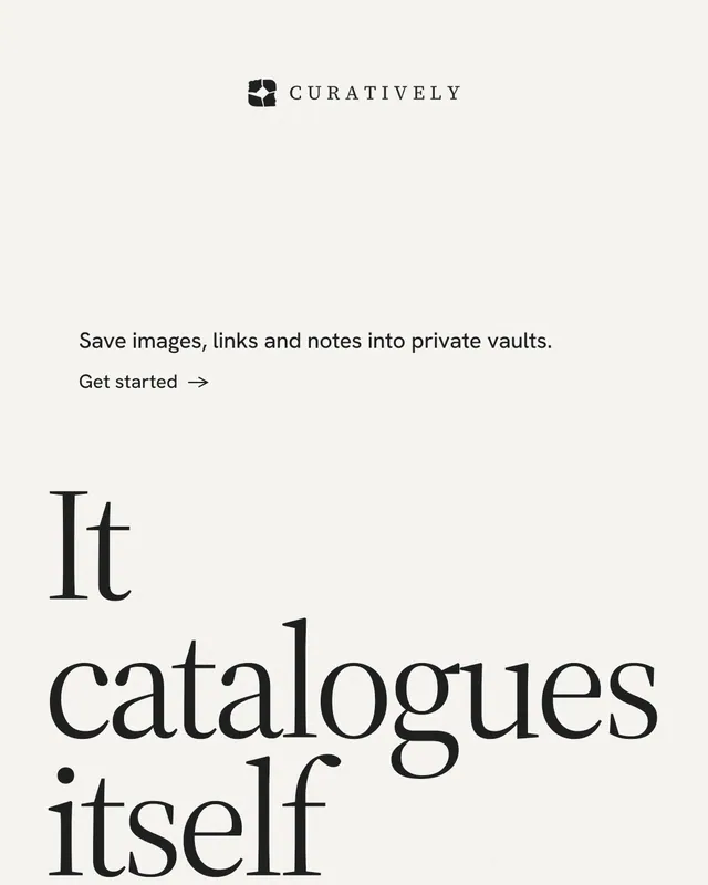 Instagram portrait post for Curatively: "Keep what catches your eye." Minimal luxury style, oversized layout, light palette in white, grey.