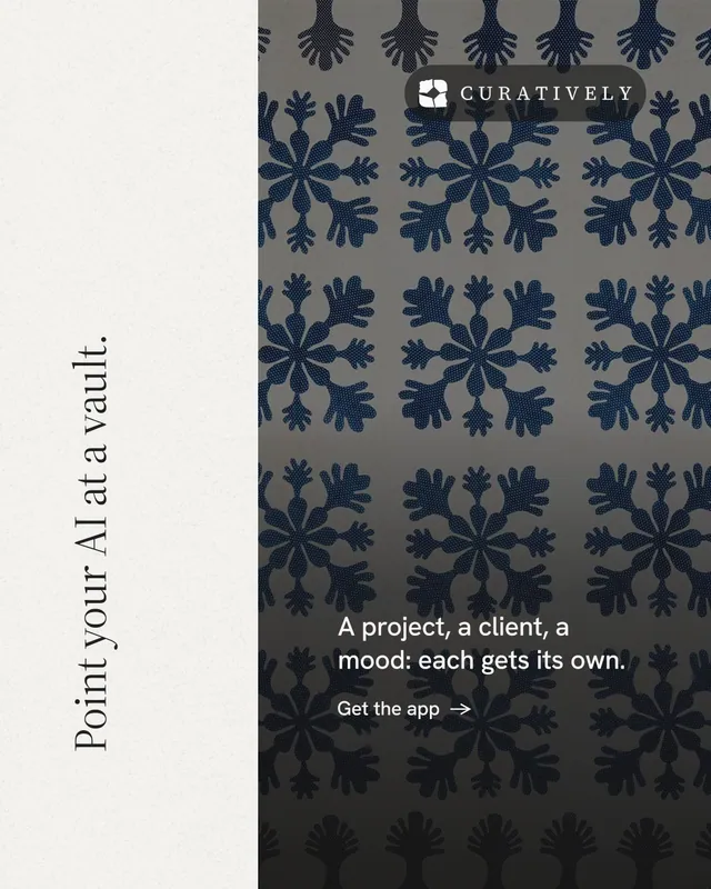 Instagram portrait post for Curatively: "Point your AI at a vault." Minimal luxury style, vertical layout, light palette in white, grey, black.