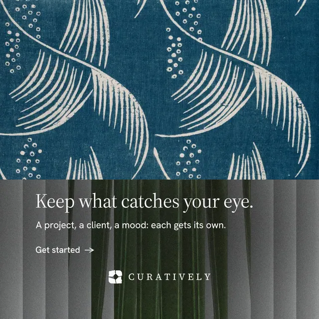 Instagram post for Curatively: "Keep what catches your eye." Minimal luxury style, bottom layout, dark palette in grey, blue, teal.