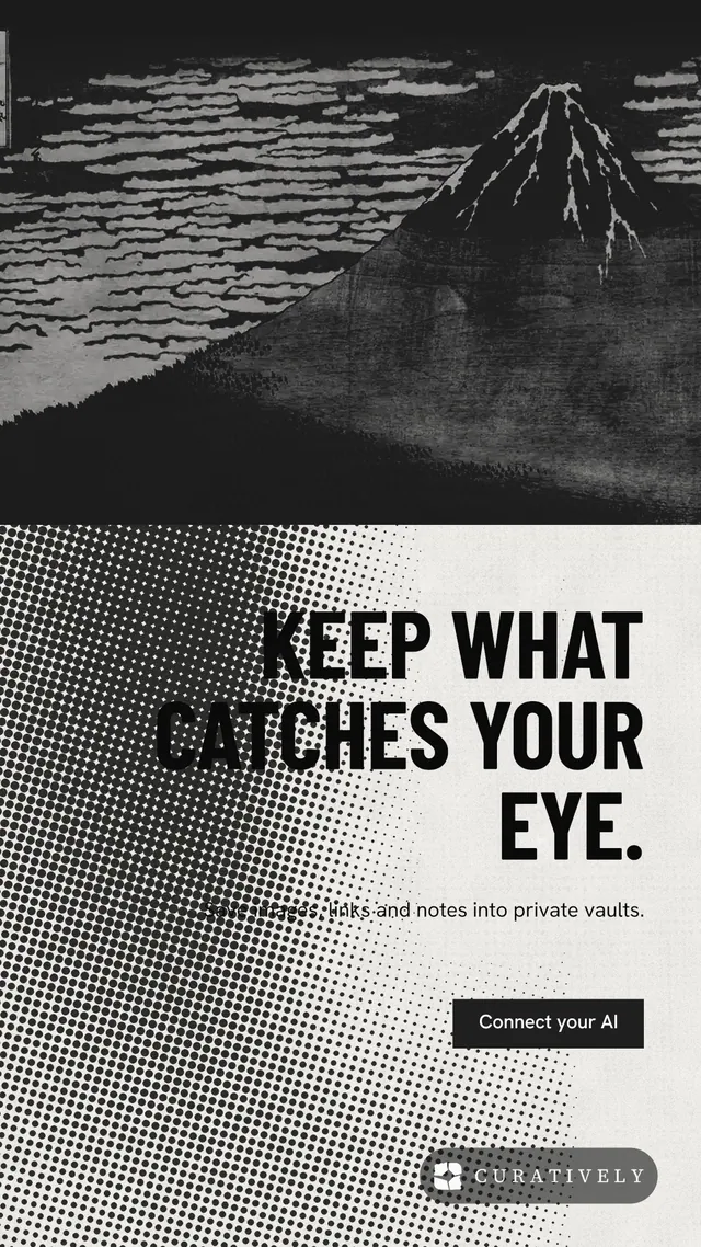 Instagram story for Curatively: "Keep what catches your eye." Retro print style, right layout, light palette in white, grey, black.