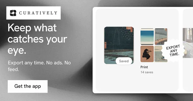 Social ad for Curatively: "Keep what catches your eye." Swiss style, sticker layout, light palette in grey, white.