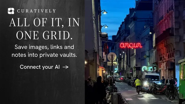 Landscape graphic for Curatively: "All of it, in one grid." Minimal luxury style, skeleton layout, dark palette in black, blue, pink.