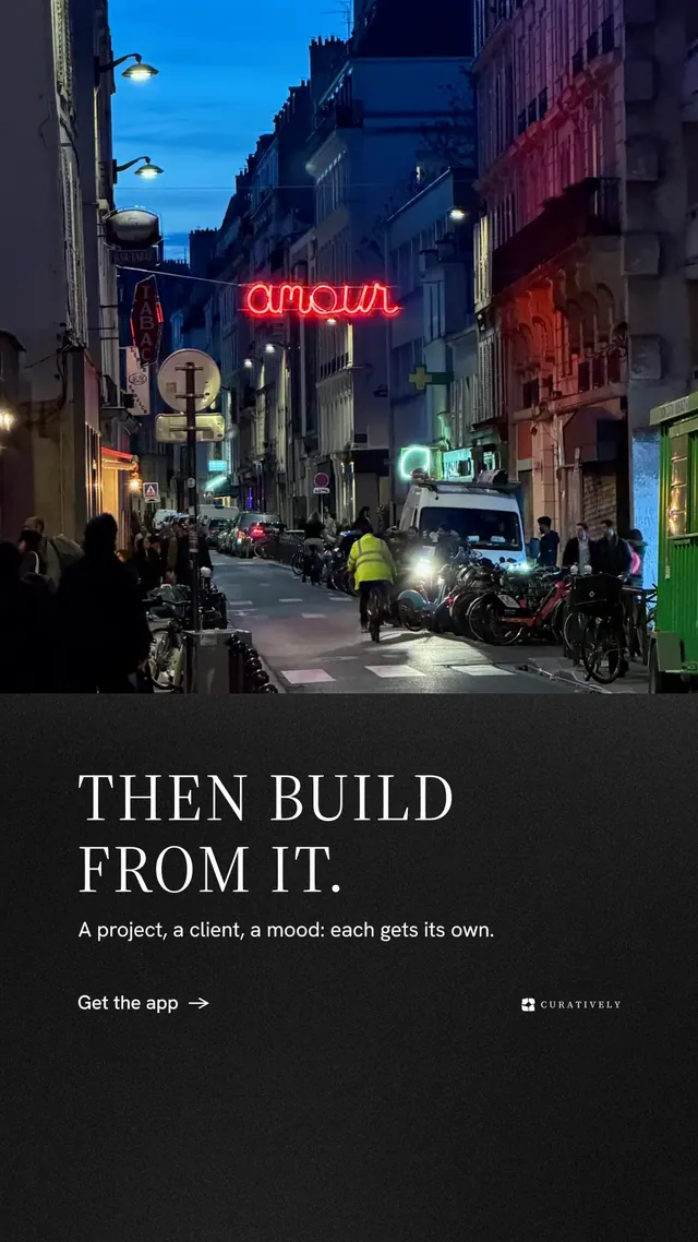 Instagram story for Curatively: "Then build from it." Minimal luxury style, bottom layout, dark palette in black, blue.