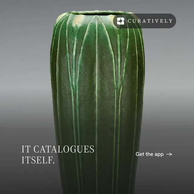 Instagram post for Curatively: "It catalogues itself." Editorial style, image led layout, dark palette in grey, black.
