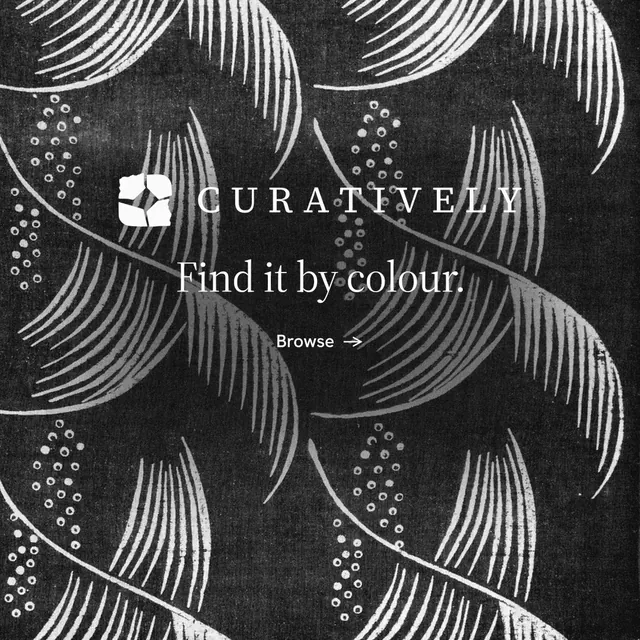 Instagram post for Curatively: "Find it by colour." Minimal luxury style, logo hero layout, dark palette in black, grey.
