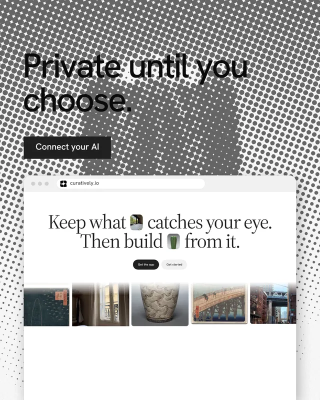 Instagram portrait post for Curatively: "Private until you choose." Swiss style, browser layout, light palette in white, grey.