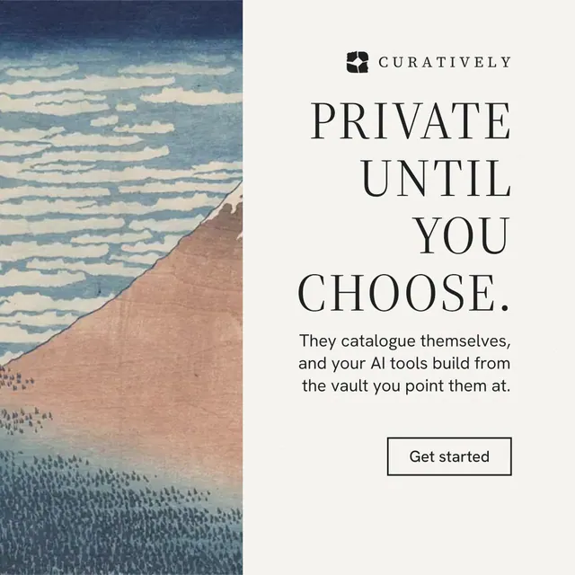 Instagram post for Curatively: "Private until you choose." Editorial style, right layout, light palette in white, grey.