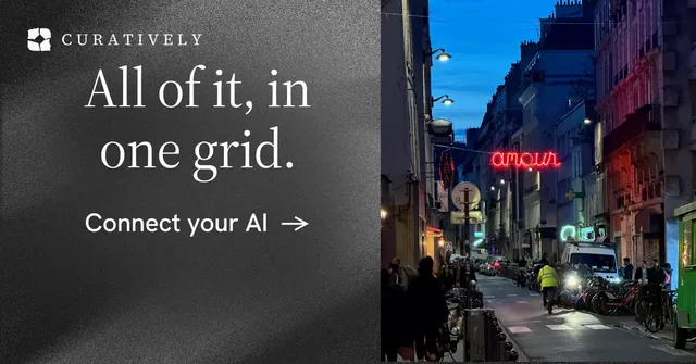 Social ad for Curatively: "All of it, in one grid." Minimal luxury style, skeleton layout, dark palette in black, grey, blue.
