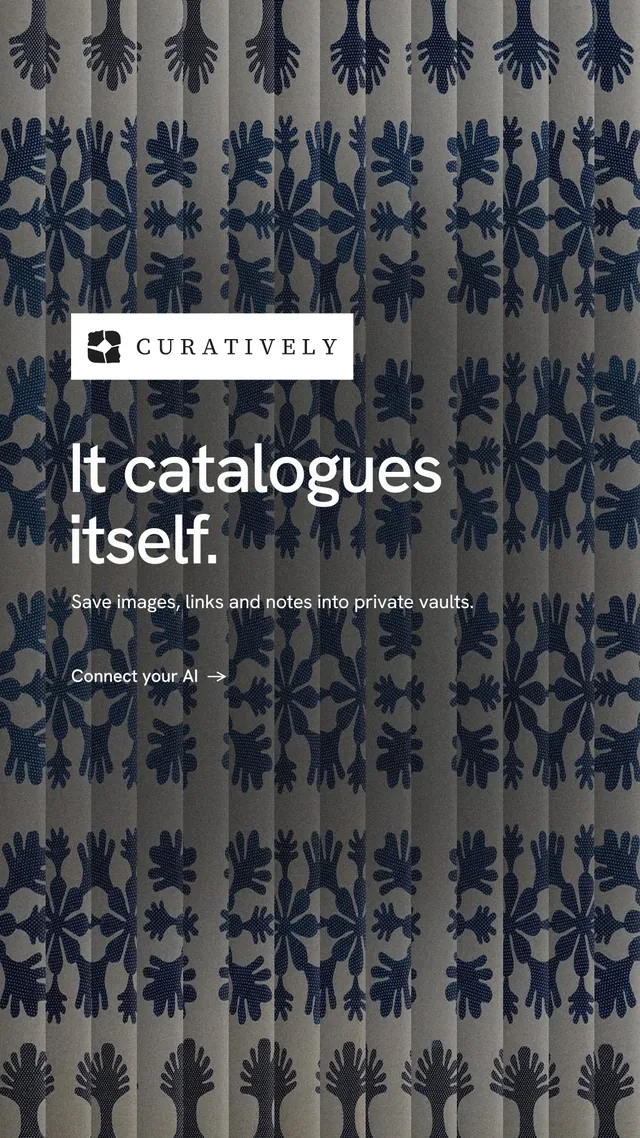 Instagram story for Curatively: "It catalogues itself." Minimal luxury style, announce layout, dark palette in black, blue, grey.