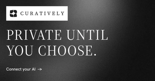 Social ad for Curatively: "Private until you choose." Minimal luxury style, announce layout, dark palette in grey, black.