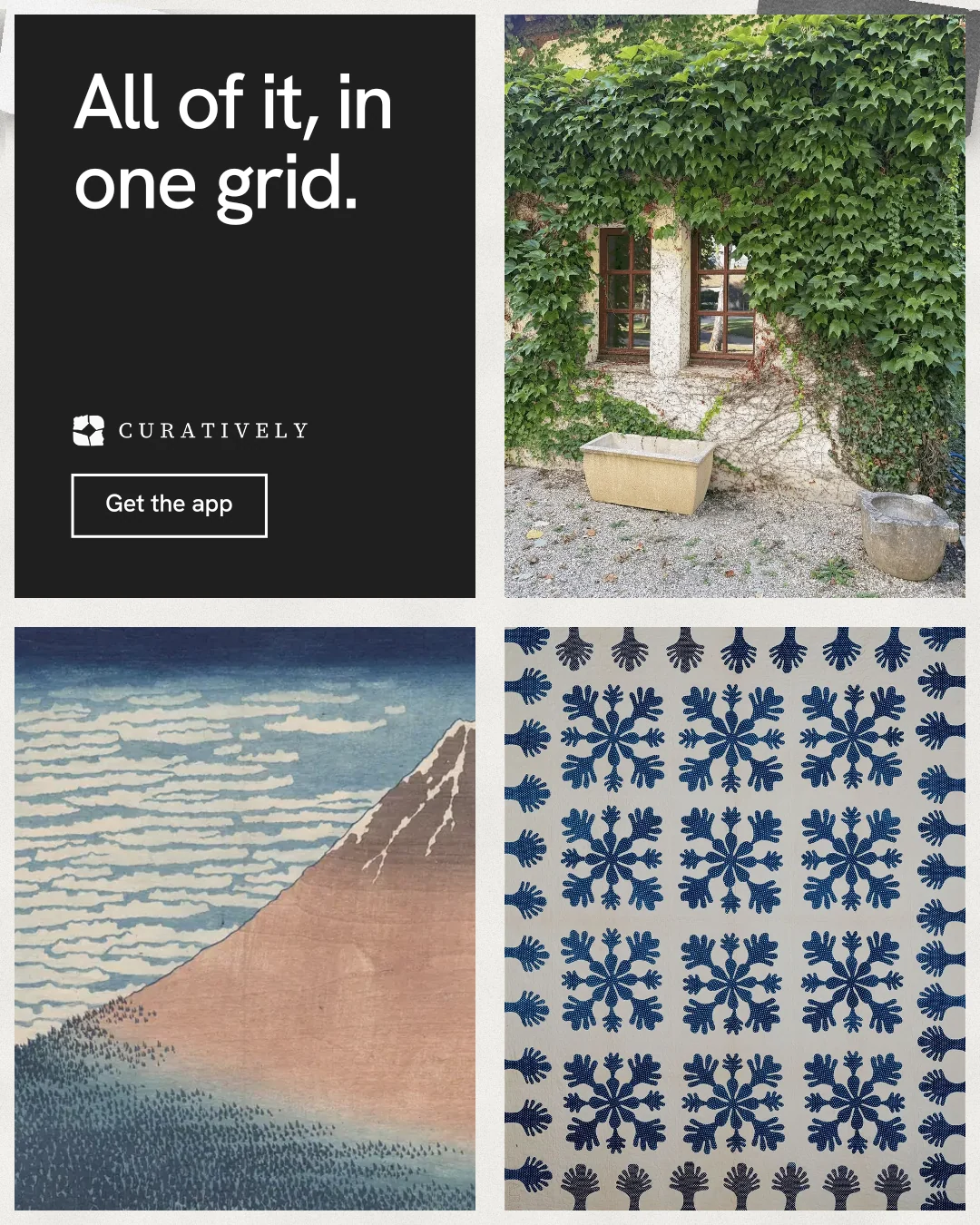 Instagram portrait post for Curatively: "All of it, in one grid." Editorial style, collage layout, light palette in grey, black, white.