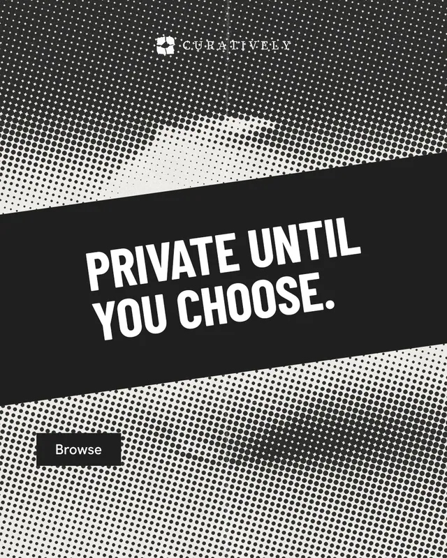 Instagram portrait post for Curatively: "Private until you choose." Retro print style, diagonal layout, dark palette in black, grey.