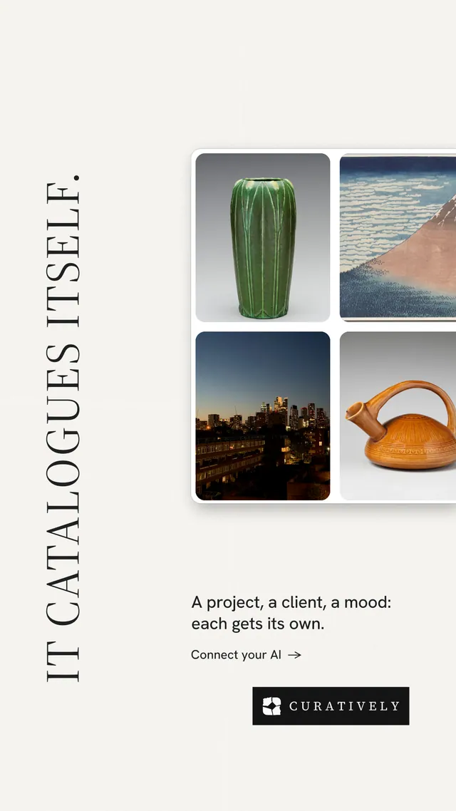 Instagram story for Curatively: "It catalogues itself." Minimal luxury style, vertical layout, light palette in white, grey.