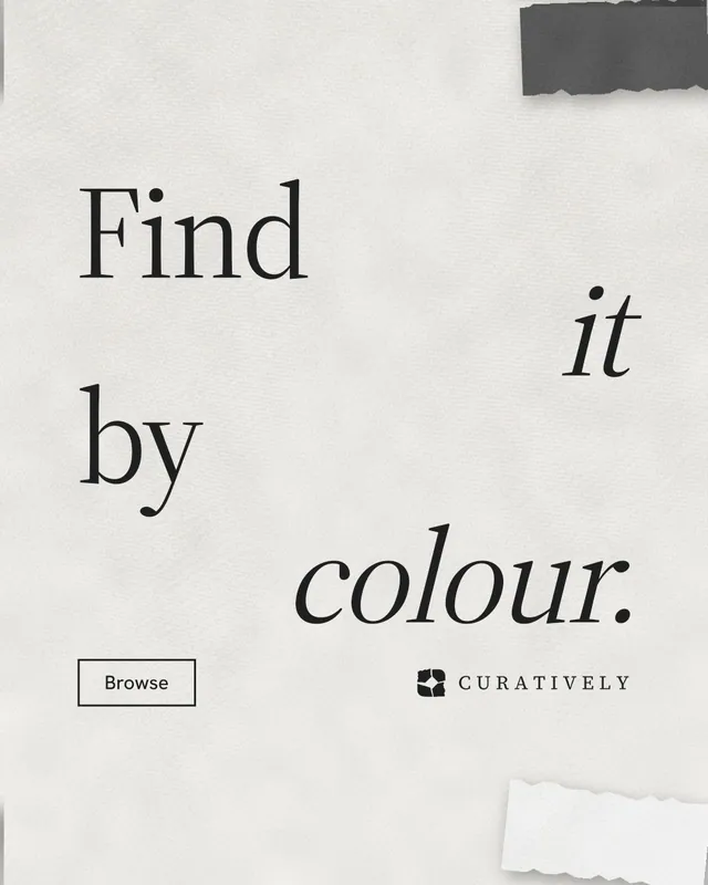 Instagram portrait post for Curatively: "Find it by colour." Editorial style, stacked layout, light palette in white, grey.