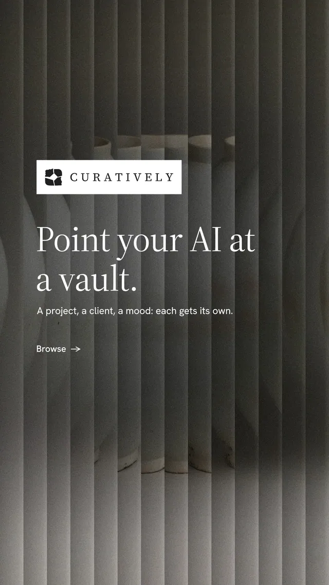 Instagram story for Curatively: "Point your AI at a vault." Minimal luxury style, announce layout, dark palette in grey, black.
