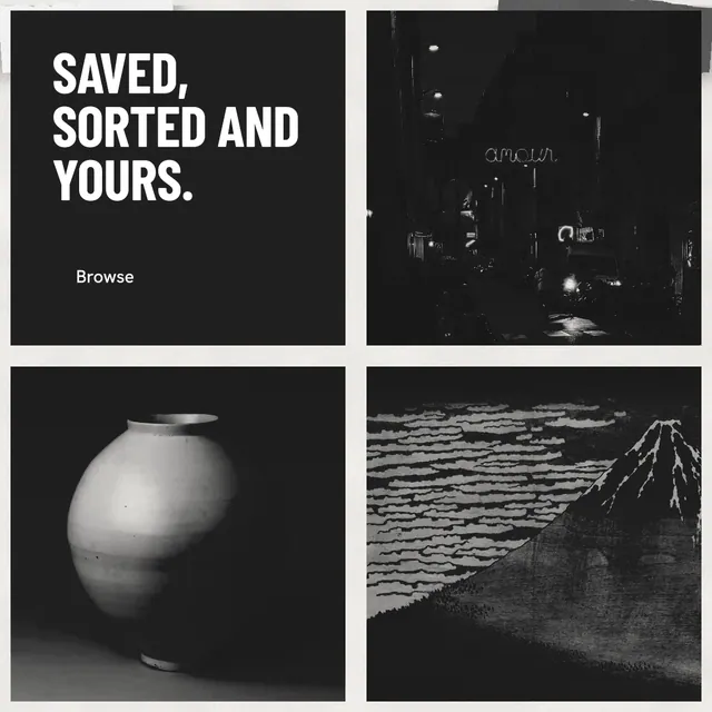 Instagram post for Curatively: "Saved, sorted and yours." Retro print style, collage layout, dark palette in black, grey.
