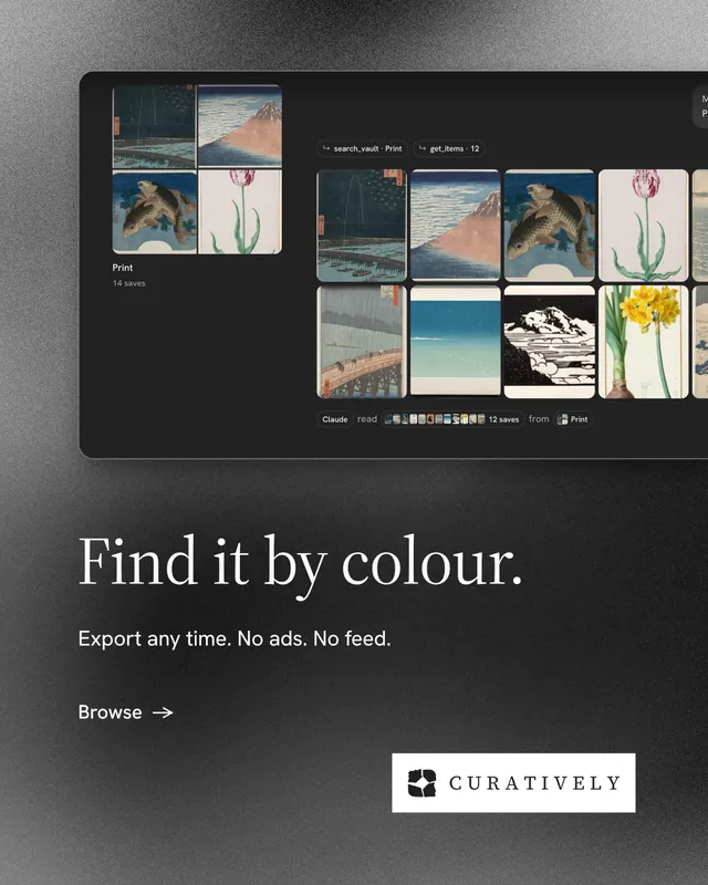 Instagram portrait post for Curatively: "Find it by colour." Minimal luxury style, bottom layout, dark palette in grey, black.