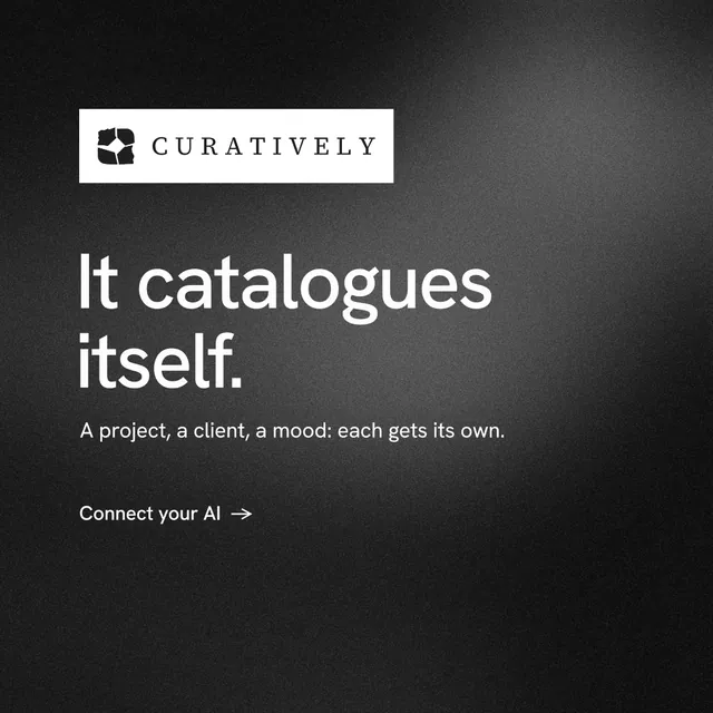 Instagram post for Curatively: "It catalogues itself." Minimal luxury style, announce layout, dark palette in black, grey.