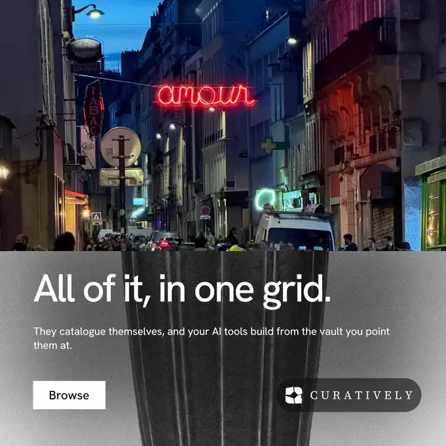 Instagram post for Curatively: "All of it, in one grid." Swiss style, bottom layout, dark palette in black, blue, grey.