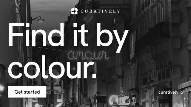 Landscape graphic for Curatively: "Find it by colour." Swiss style, poster layout, dark palette in black, grey.