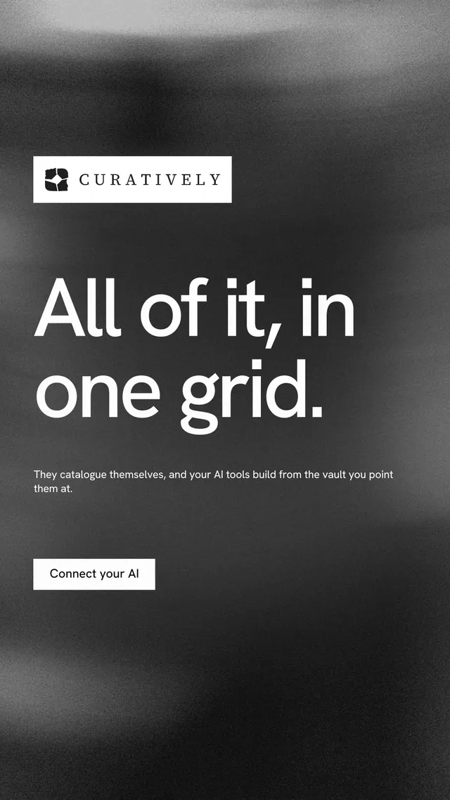 Instagram story for Curatively: "All of it, in one grid." Swiss style, announce layout, dark palette in black, grey.