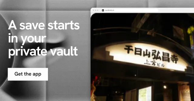 Social ad for Curatively: "A save starts in your private vault". Swiss style, browser layout, dark palette in black, grey, white.