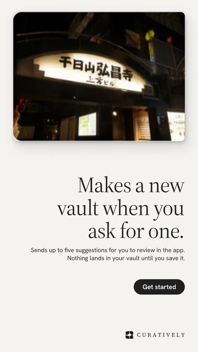 Instagram story for Curatively: "Makes a new vault when you ask for one." Data card style, right layout, light palette in white, black, grey.