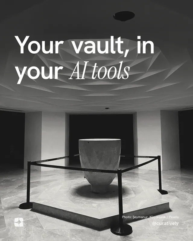 Instagram portrait post for Curatively: "Your vault, in your AI tools". Duotone style, technique:pexels ingredient layout, dark palette in black, grey.