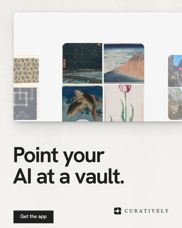 Instagram portrait post for Curatively: "Point your AI at a vault." Swiss style, bottom layout, light palette in white, grey.