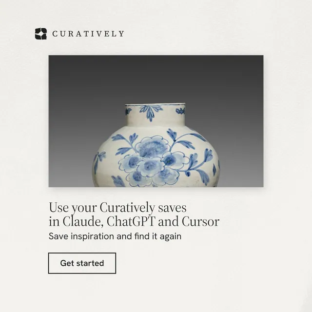 Instagram post for Curatively: "Use your Curatively saves in Claude, ChatGPT and Cursor". Editorial style, bottom layout, light palette in white, grey.