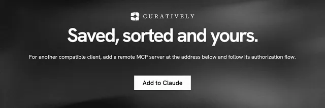 X header for Curatively: "Saved, sorted and yours." Swiss style, centred layout, dark palette in black, grey.