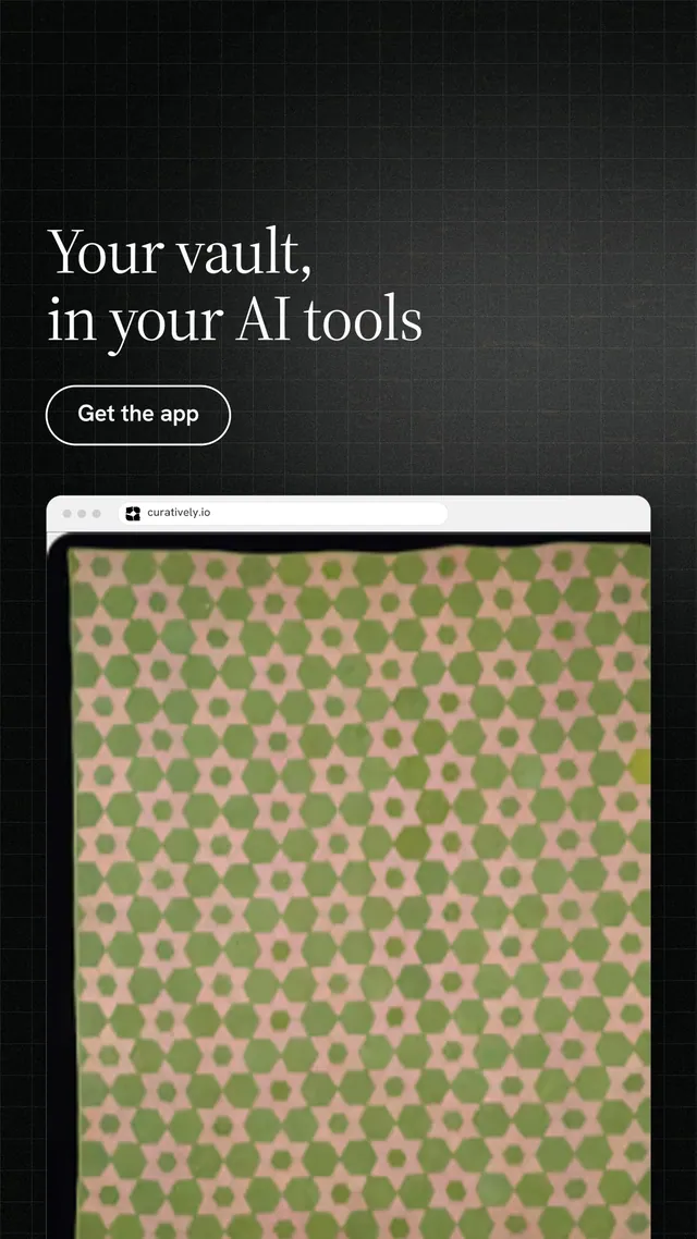 Instagram story for Curatively: "Your vault, in your AI tools". Phosphor atlas style, browser layout, dark palette in black, yellow, orange.