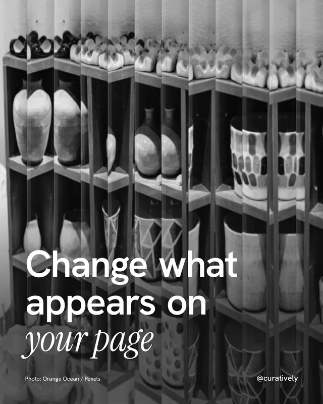 Instagram portrait post for Curatively: "Change what appears on your page". Photo style, technique:fluted glass layout, dark palette in black, grey.