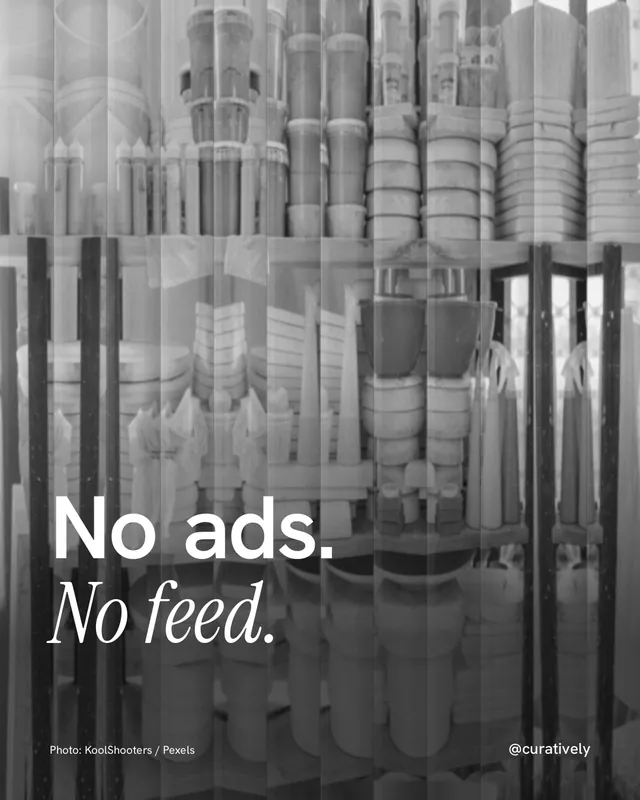 Instagram portrait post for Curatively: "No ads. No feed." Photo style, technique:fluted glass layout, light palette in black, grey.