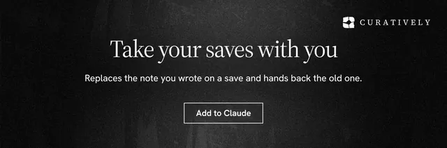 X header for Curatively: "Take your saves with you". Dark deco style, centred layout, dark palette in black.