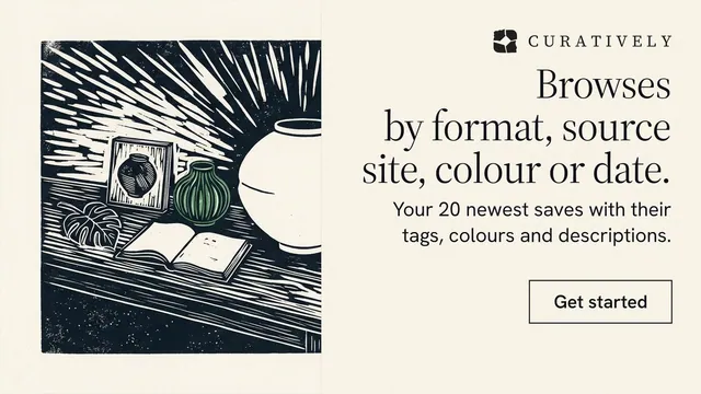 Landscape graphic for Curatively: "Browses by format, source site, colour or date." Editorial style, right layout, light palette in white, grey.
