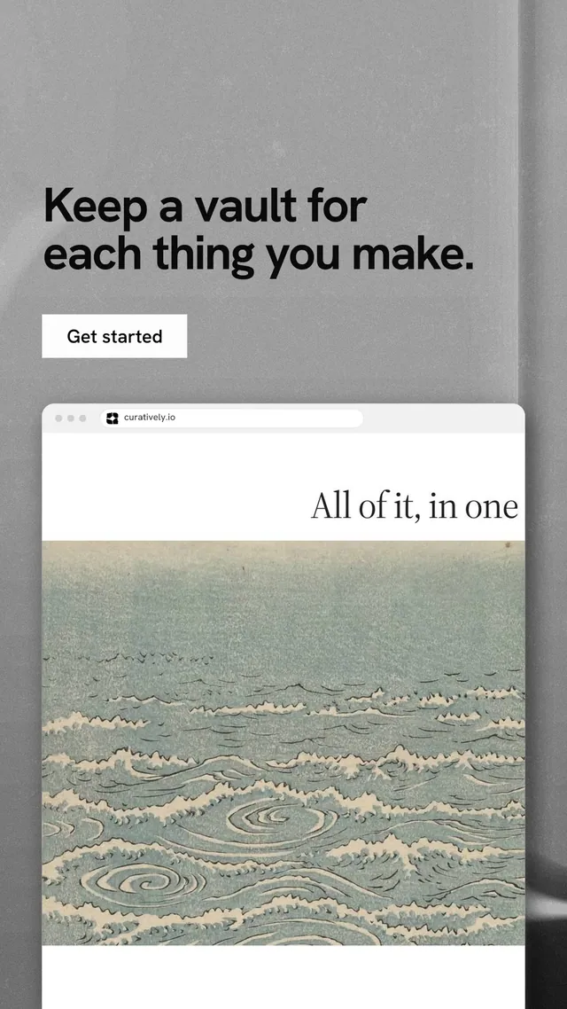 Instagram story for Curatively: "Keep a vault for each thing you make." Swiss style, browser layout, light palette in grey, white.