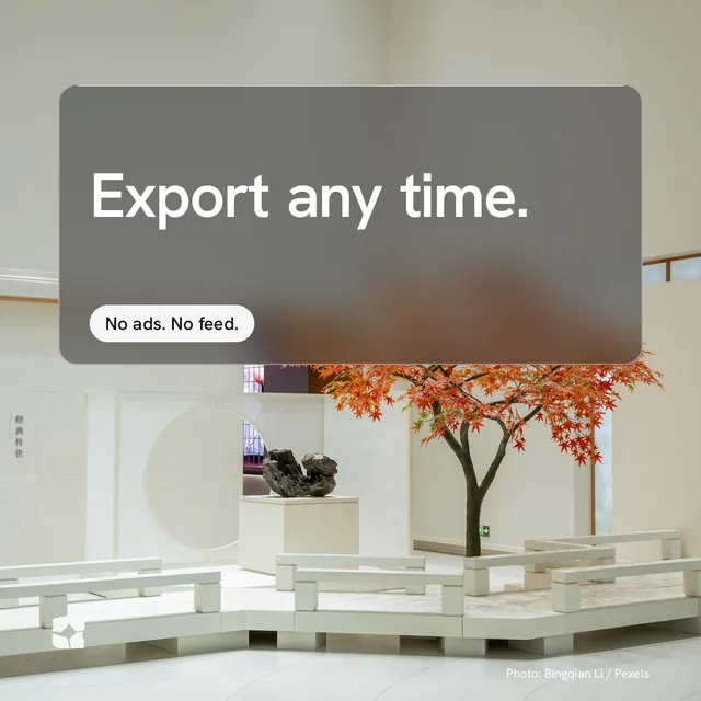 Instagram post for Curatively: "Export any time." Glass style, technique:pexels ingredient layout, light palette in grey, white.