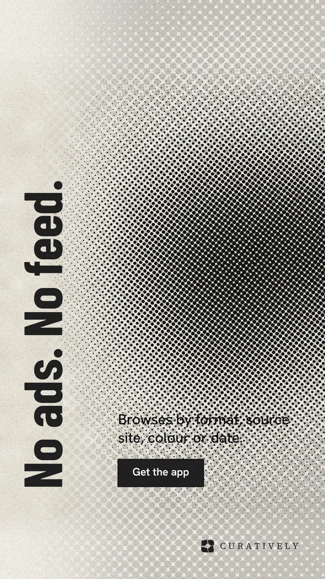 Instagram story for Curatively: "No ads. No feed." Ink sticker style, vertical layout, light palette in grey, yellow, white.