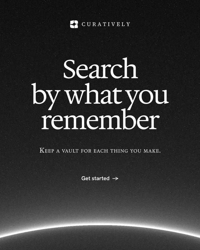 Instagram portrait post for Curatively: "Search by what you remember". Swiss style, smallcaps layout, dark palette in black, grey.