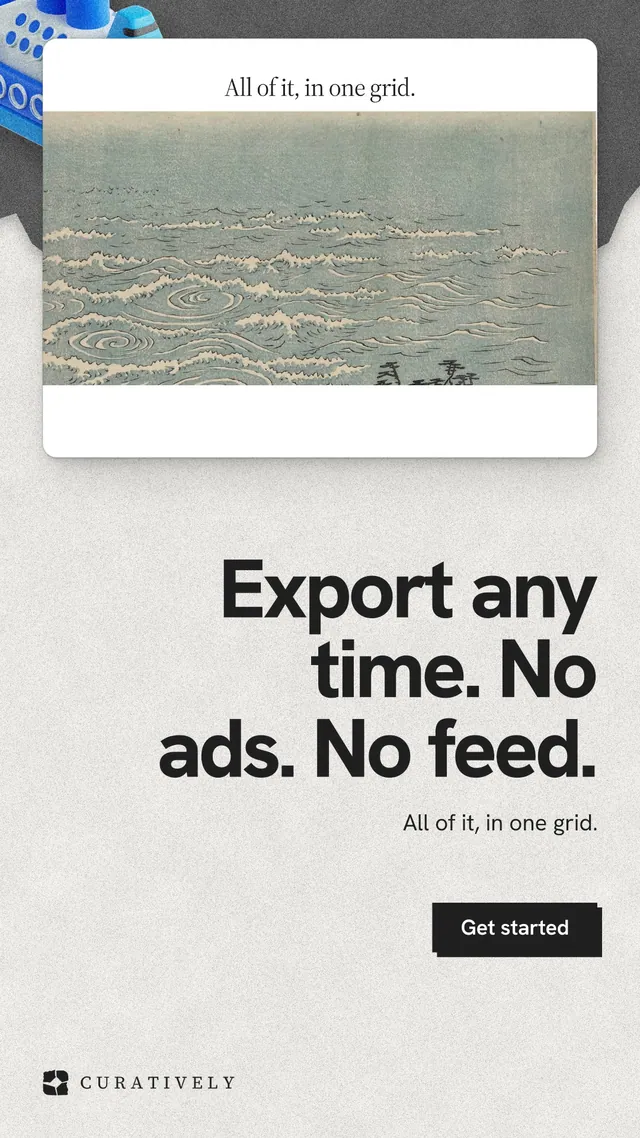 Instagram story for Curatively: "Export any time. No ads. No feed." Paper trio style, right layout, light palette in white, grey.