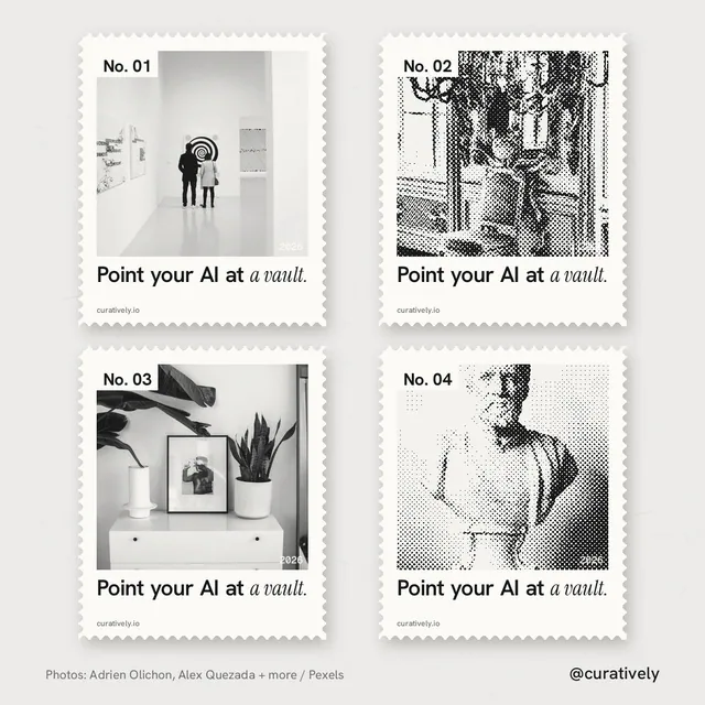 Instagram post for Curatively: "Point your AI at a vault." Sheet style, technique:stamp series layout, light palette in white, grey.