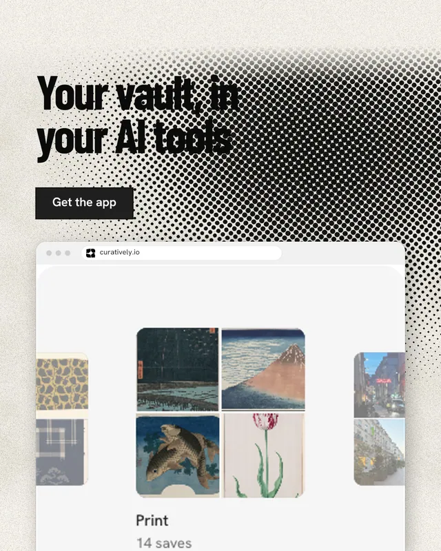 Instagram portrait post for Curatively: "Your vault, in your AI tools". Ink sticker style, browser layout, light palette in grey, white.