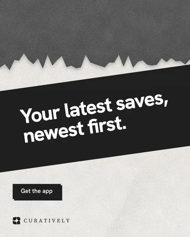 Instagram portrait post for Curatively: "Your latest saves, newest first." Paper trio style, diagonal layout, light palette in white, grey, black.