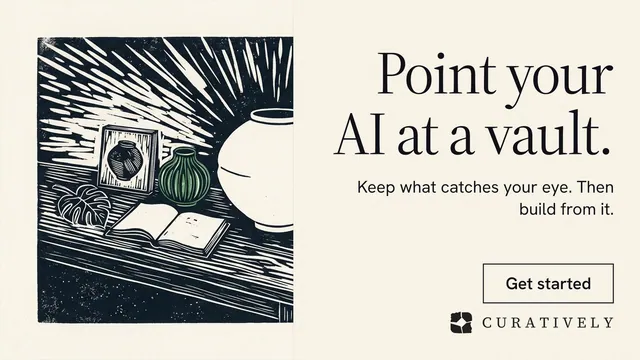 Landscape graphic for Curatively: "Point your AI at a vault." Editorial style, right layout, light palette in white, grey.